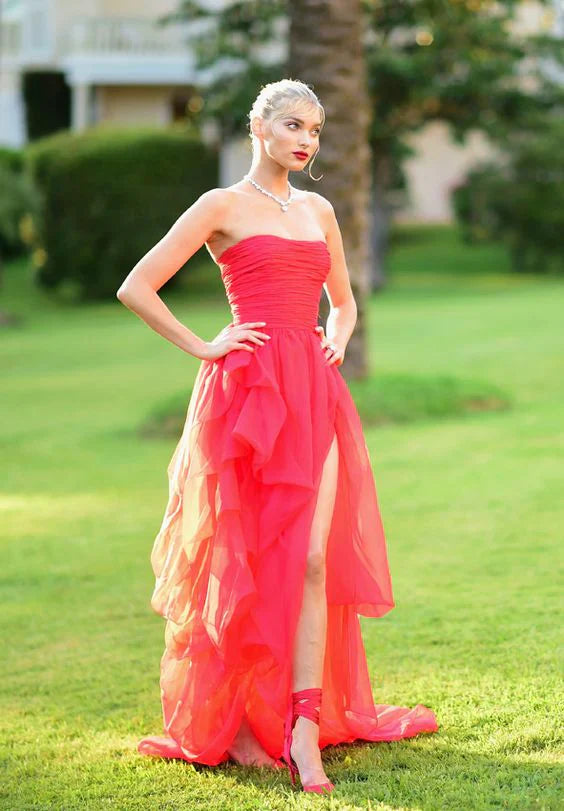 Vestidos formales sexys rojos con abertura, vestido de fiesta largo sin tirantes, vestido de noche/tienda de vestidos de fiesta